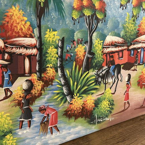 Colorful Haitian Village Painting – Signed Folk Art Canvas - photo 2