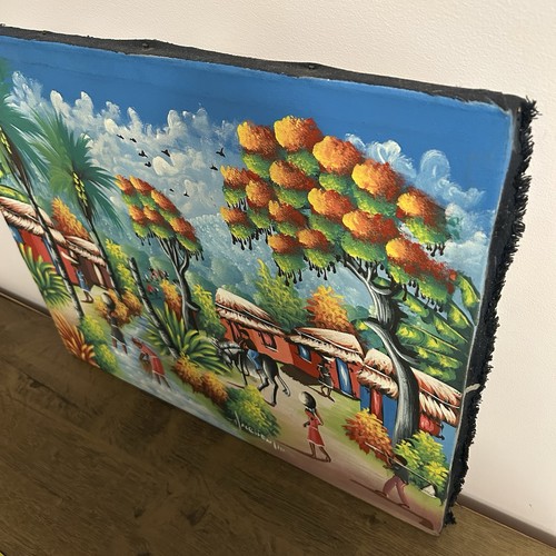 Colorful Haitian Village Painting – Signed Folk Art Canvas - photo 3