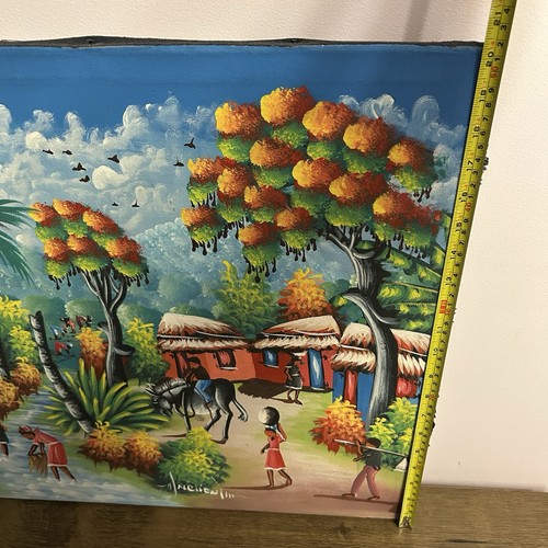 Colorful Haitian Village Painting – Signed Folk Art Canvas - photo 5