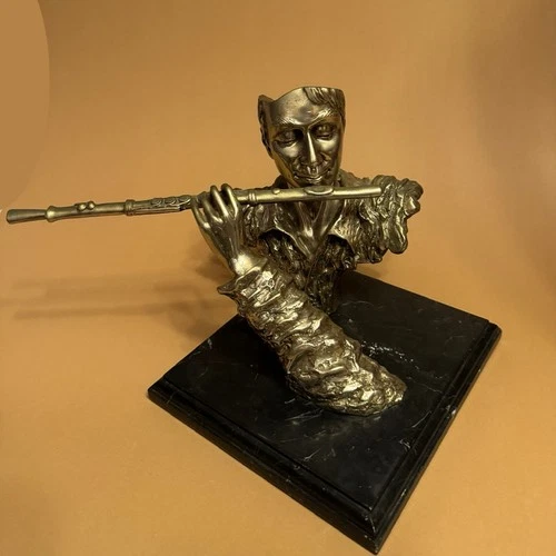 Bronze Statue Musician Playing Flute Sculpture Marble Base
