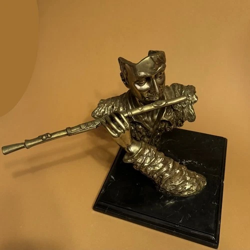 Bronze Statue Musician Playing Flute Sculpture Marble Base - photo 2