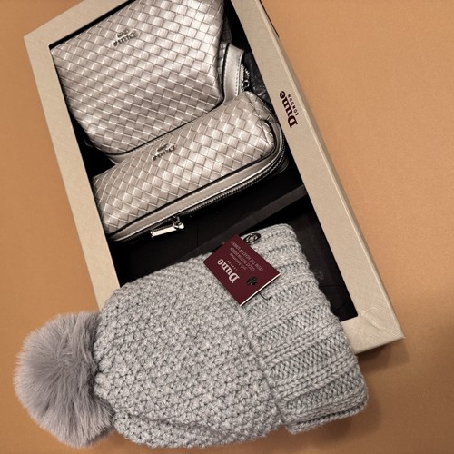 Dune London Silver Quilted Crossbody & Wallet Gift Set + Beanie