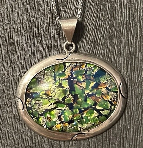 925 Vintage Mexico Pendant Oval Dichroic Glass Large