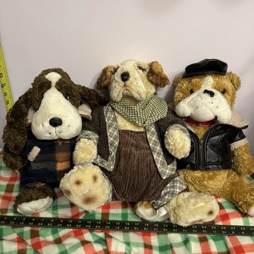 Set of 3 Vintage Plush Dogs – Hugfun 2001 – Basset Hound, Bulldo