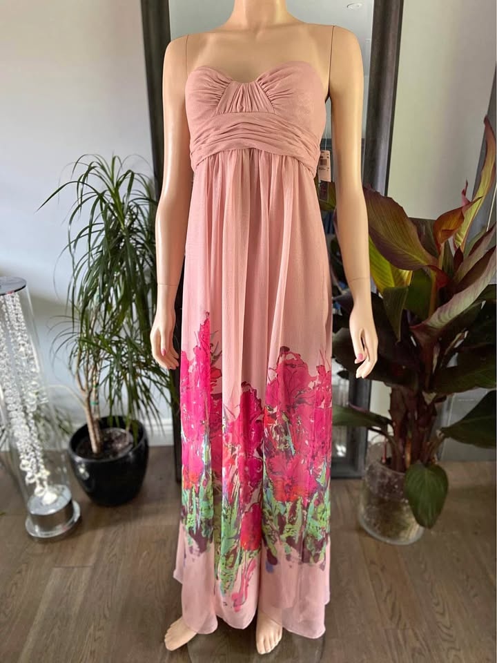 NWT Aqua Maxi Pink Shimmer Floral Print Strapless Dress 2 (704)