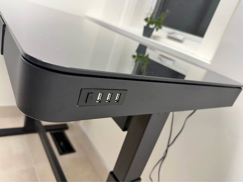 Glass Top Black Adjustable Standing Desk w/ Drawer & USB Ports