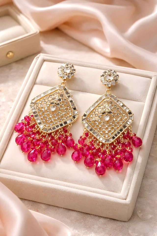Hot Pink & Gold Statement Chandbali Earrings