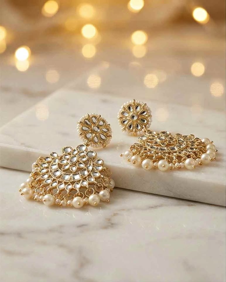 Elegant Gold-Tone Pearl Chandbali Earrings