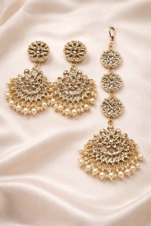 Elegant Gold-Tone Tikka & Earrings Set with Pearl Detailing