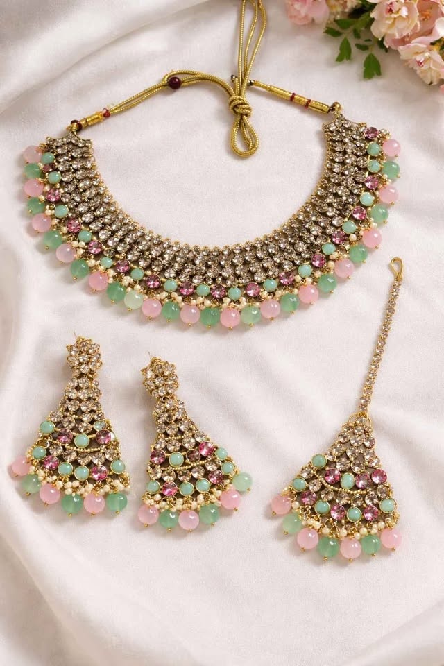 Elegant Pastel Bridal Jewelry Set – 3 Piece (Necklace, Earrings,