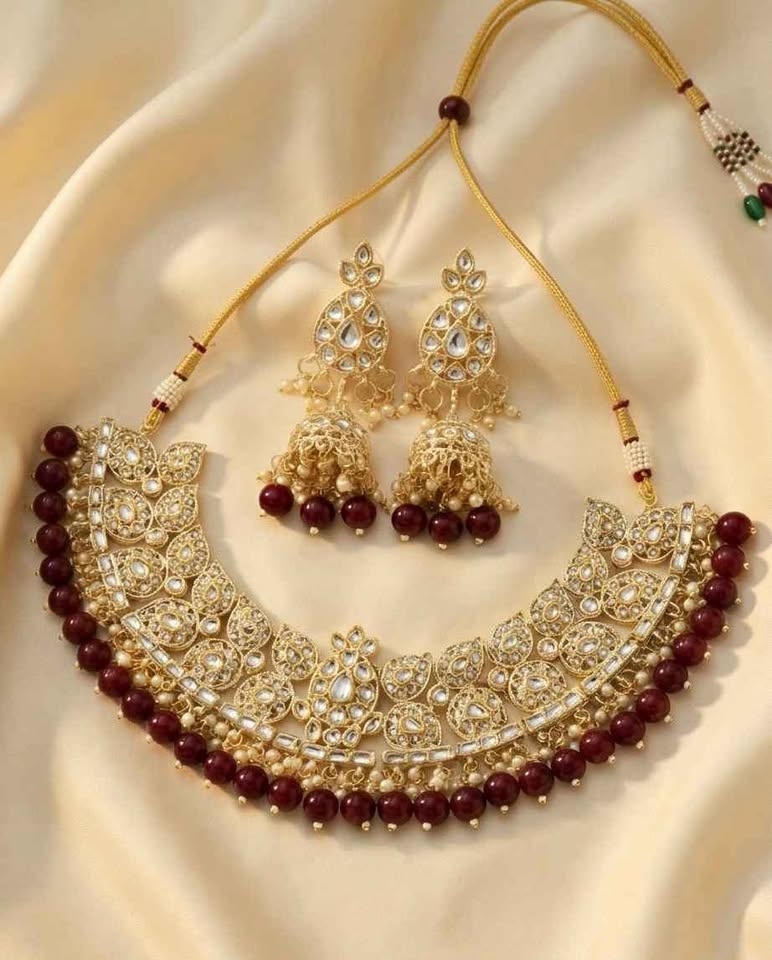 Gold Bridal Necklace Set with Maroon Beads