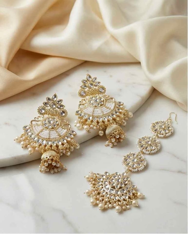 Gold Tone Kundan Jhumka Earrings & Maang Tikka Set
