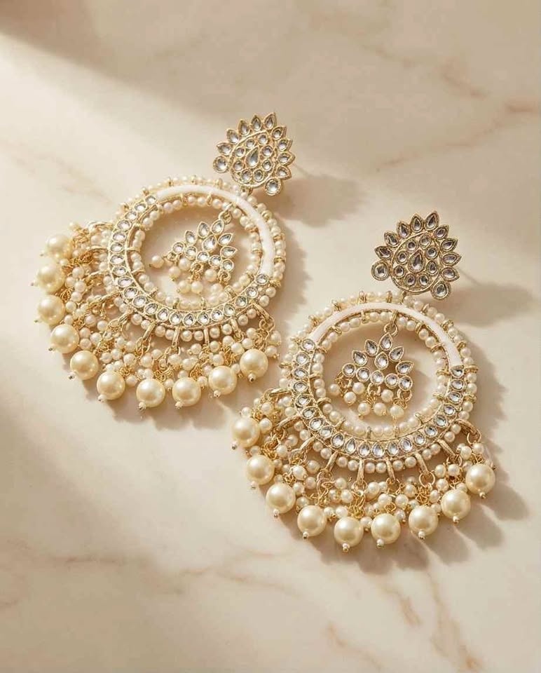 Gold Pearl Rhinestone Chandelier Earrings