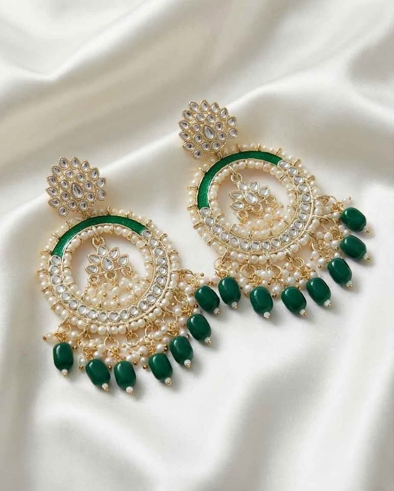 Gold Tone Green Pearl Earrings
