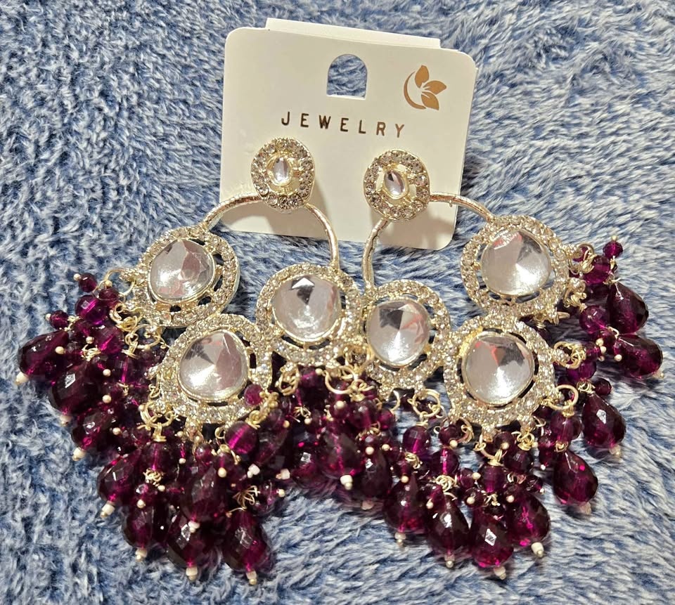 Gold Tone Dangle Earrings Clear Stones Purple Beads
