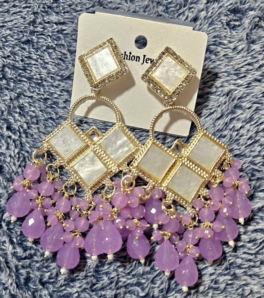 New Gold Tone Purple Beaded Dangle Earrings