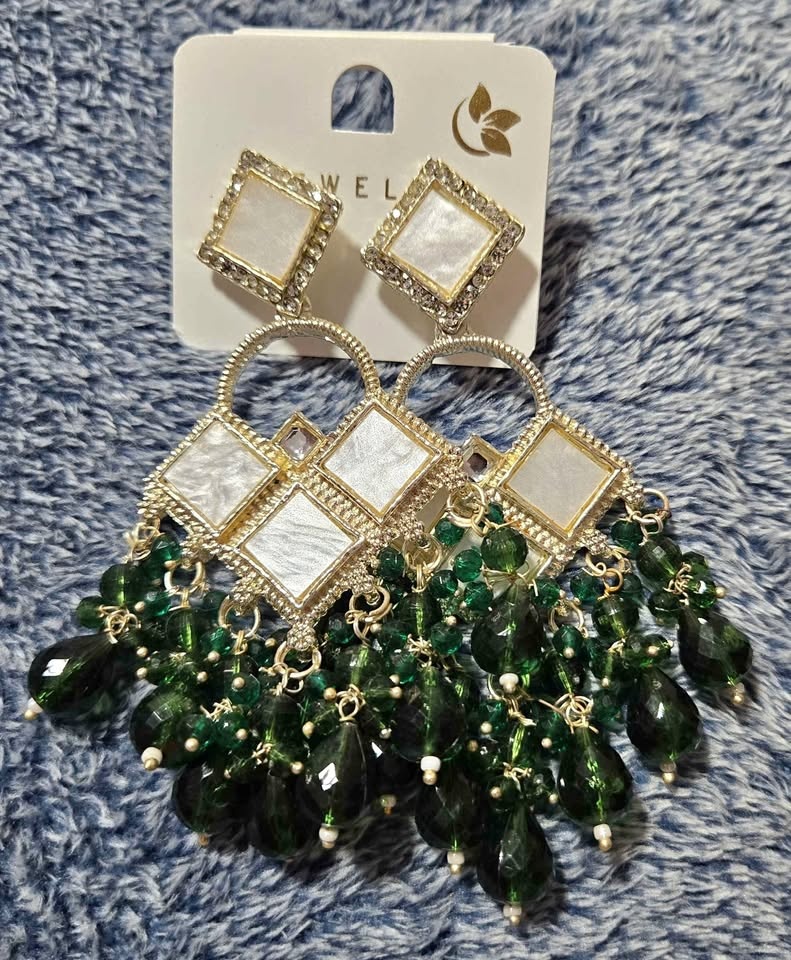 Green Bead Dangle Earrings Gold Tone White Diamond Statement