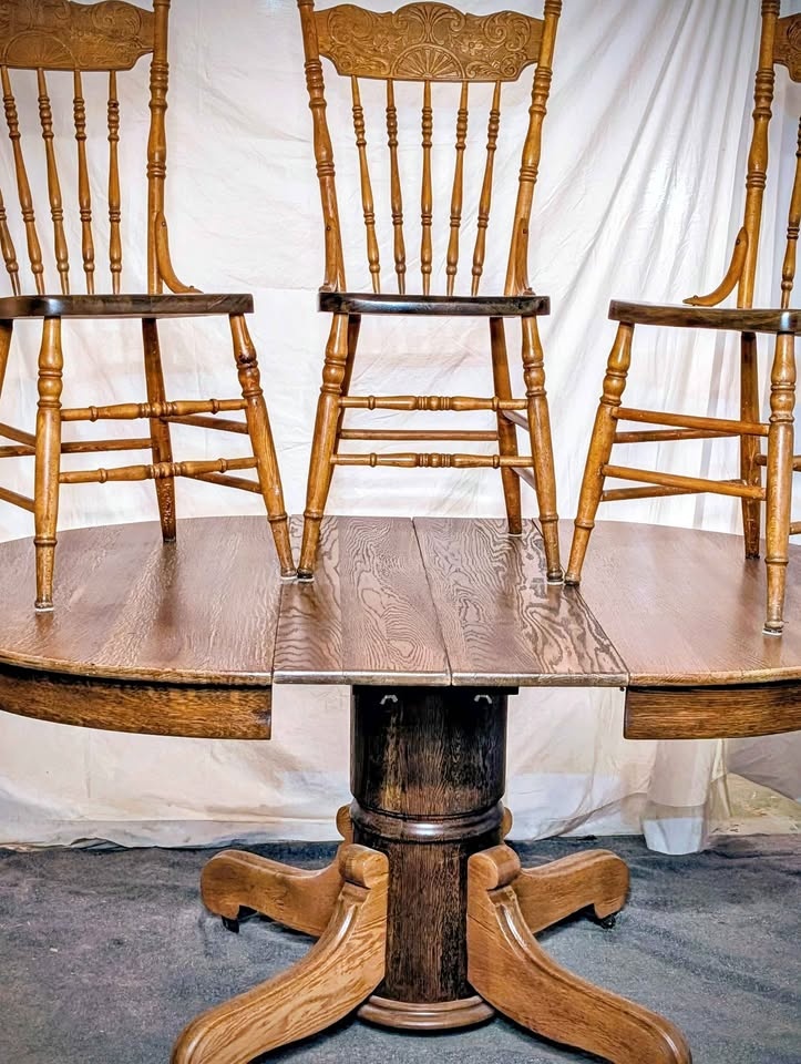 Antique Solid Oak Pedestal Dining Set – 3 Chairs – Restored