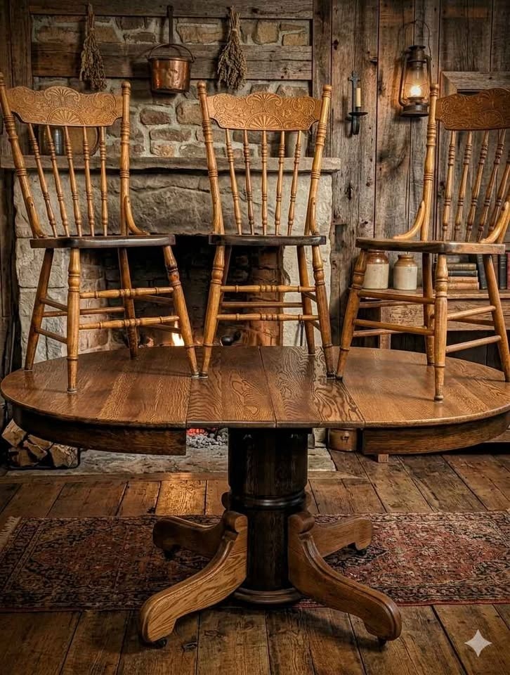 Antique Solid Oak Pedestal Dining Set – 3 Chairs – Restored - photo 4