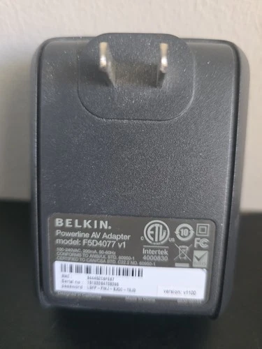 Belkin Powerline AV Adapter F5D4077 V1 Ethernet HomePlug Single