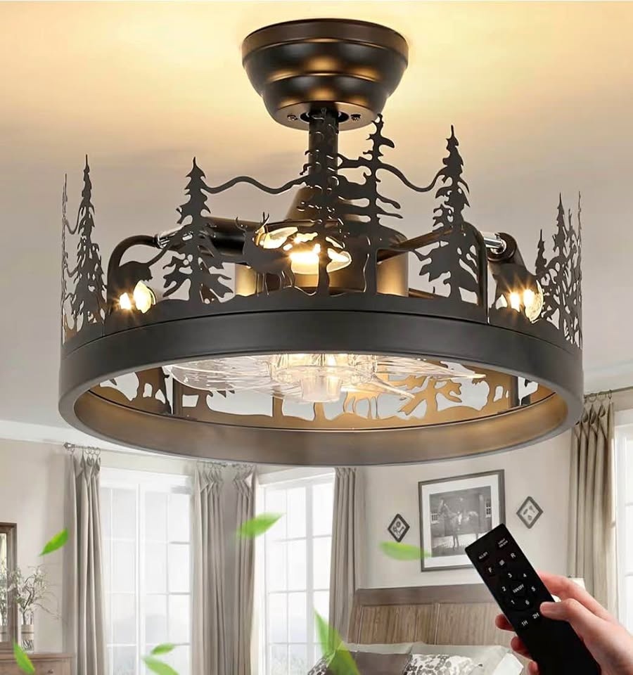 Rustic Ceiling Fan with Light – Bear & Deer Design – Remote – NE