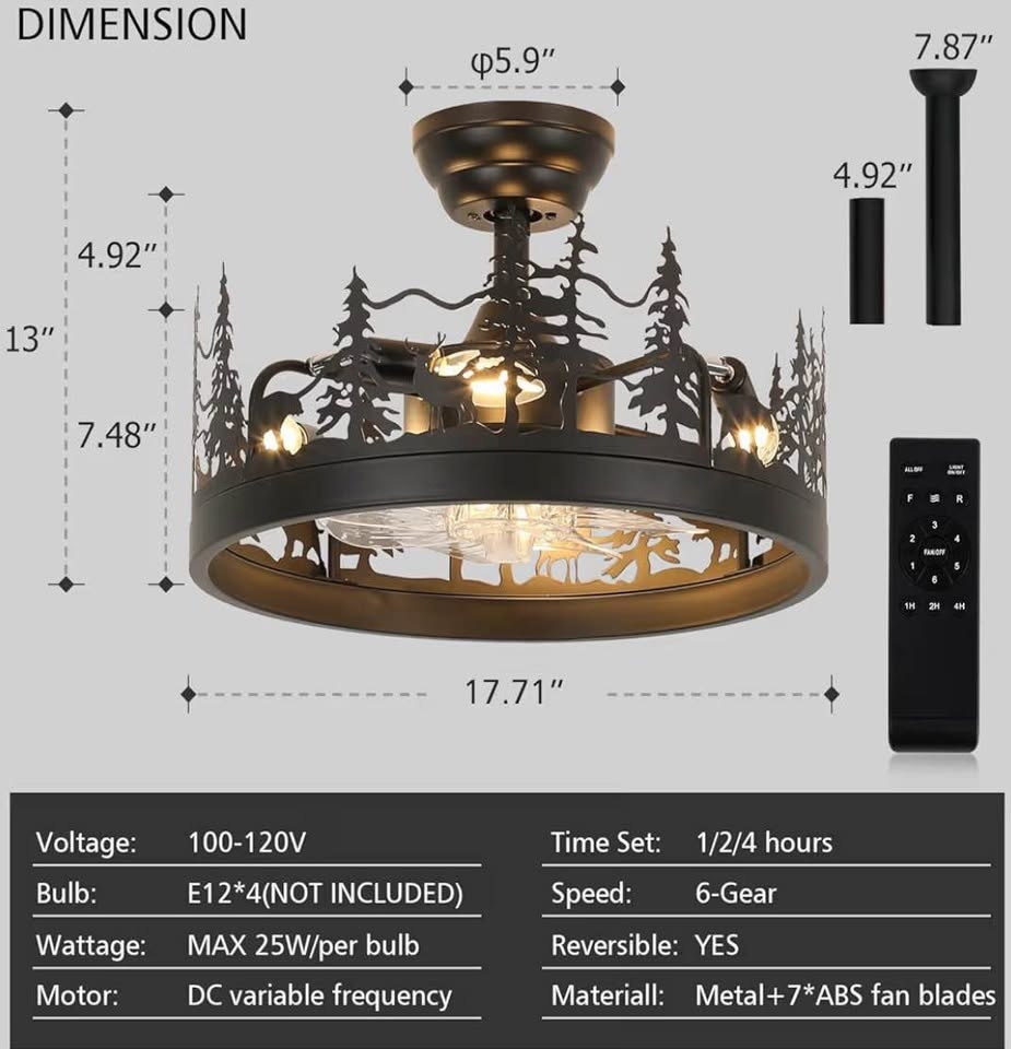 Rustic Ceiling Fan with Light – Bear & Deer Design – Remote – NE - photo 2