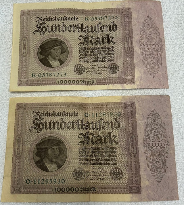 Set of Two 1923, 100,000 German Mark Banknotes