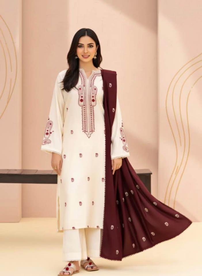 Brand new Cream Maroon Embroidered 3 Piece Suit