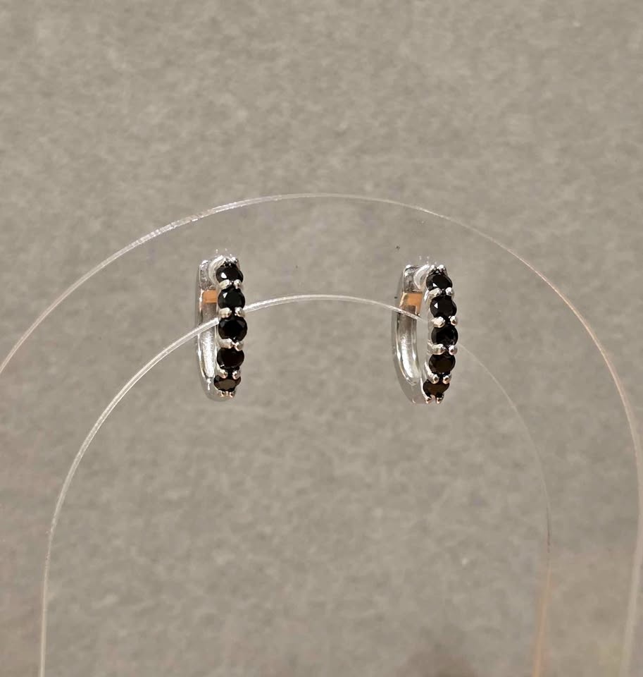 Natural Black Spinel Sterling Silver Hoop Earrings