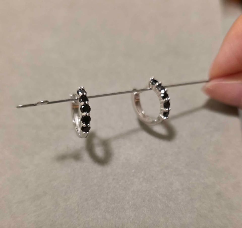 Natural Black Spinel Sterling Silver Hoop Earrings - photo 2