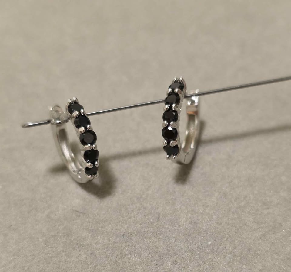Natural Black Spinel Sterling Silver Hoop Earrings - photo 3
