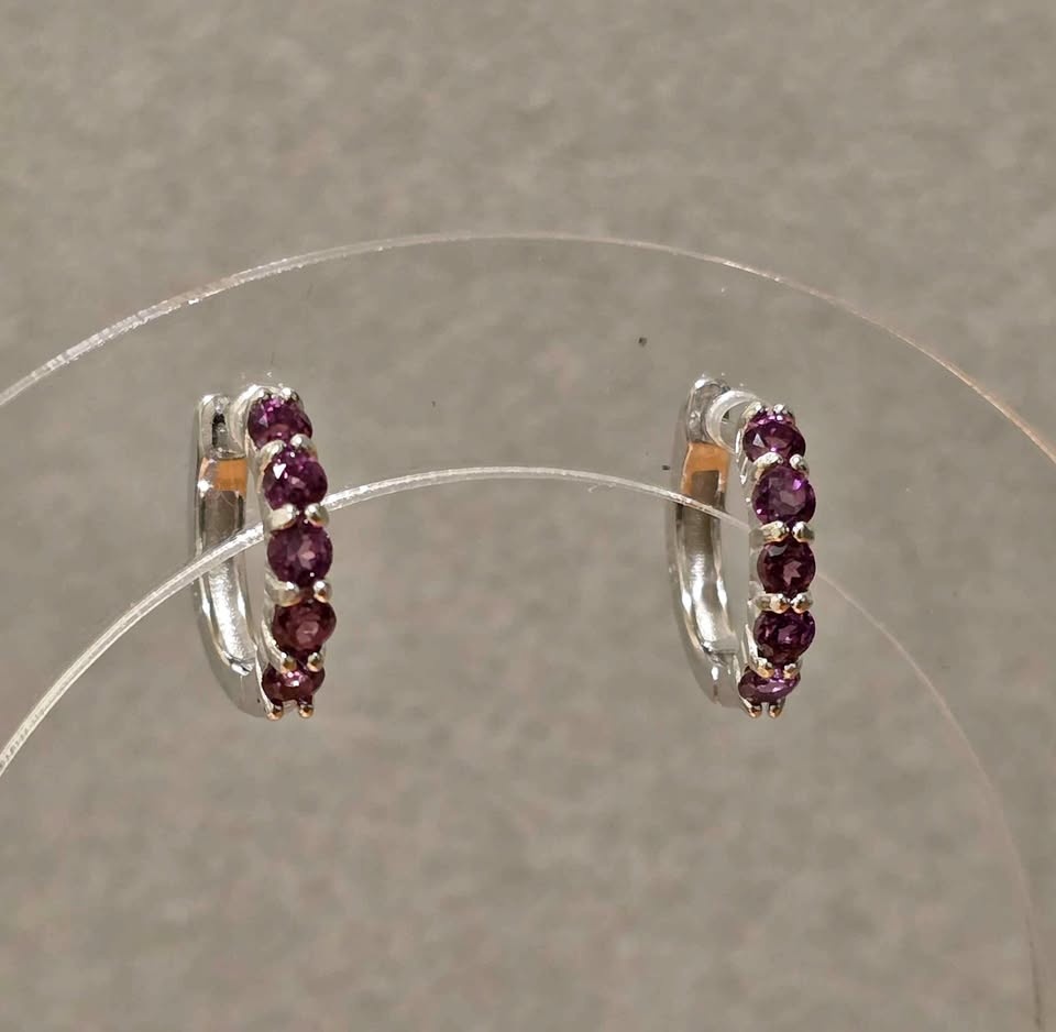 Natural Purple Garnet Sterling Silver Hoop Earrings