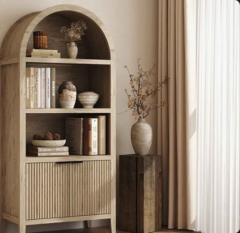 BNIB 71" Tall Arched Wood Bookcase with Fluted Cabinet Doors - photo 2