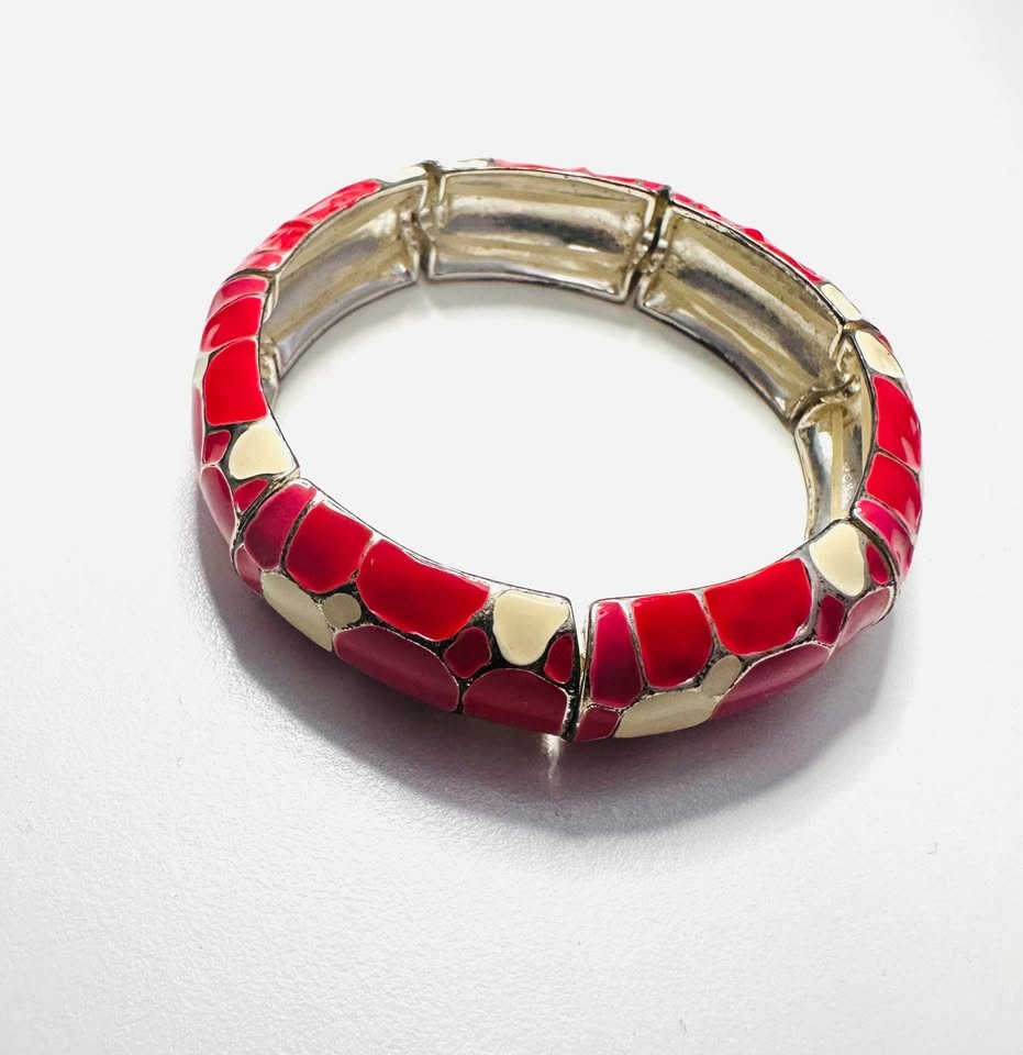 Silver-Tone-3-Tone Red Pink White Enamel Stretch Bracelet - photo 2