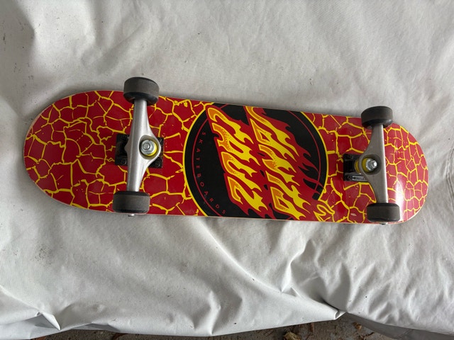 Gently Used Santa Cruz Flame Dot Skateboard Complete - Red 8.25