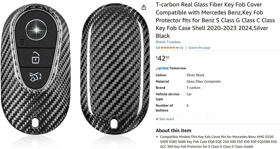 Mercedes-Benz Carbon Fiber Style Key Fob Cover (4-Button) - photo 2