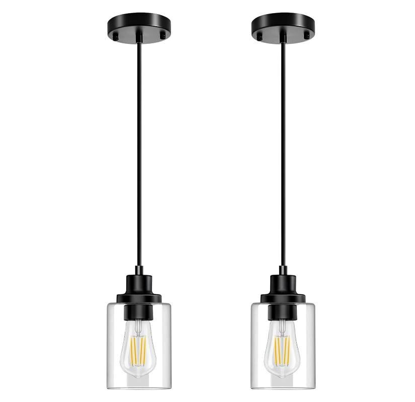2-Pack Black Pendant Lights – Adjustable Clear Glass Hanging Fix