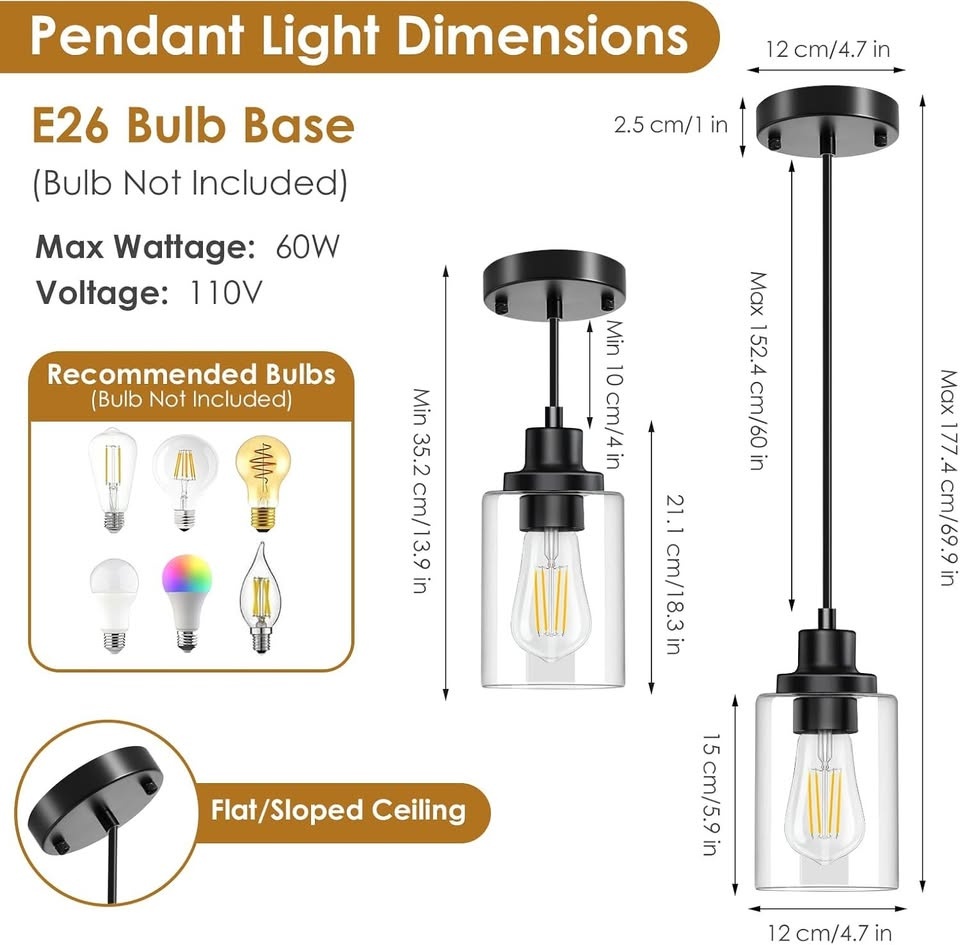 2-Pack Black Pendant Lights – Adjustable Clear Glass Hanging Fix - photo 3