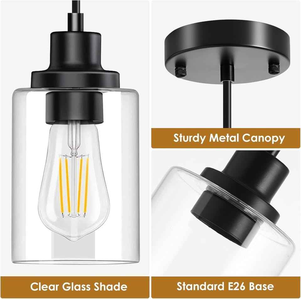2-Pack Black Pendant Lights – Adjustable Clear Glass Hanging Fix - photo 4