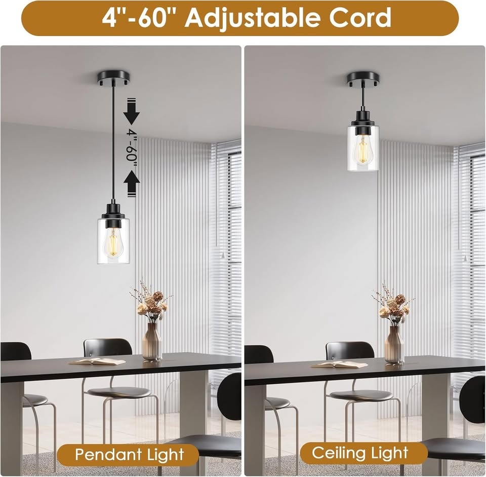 2-Pack Black Pendant Lights – Adjustable Clear Glass Hanging Fix - photo 5