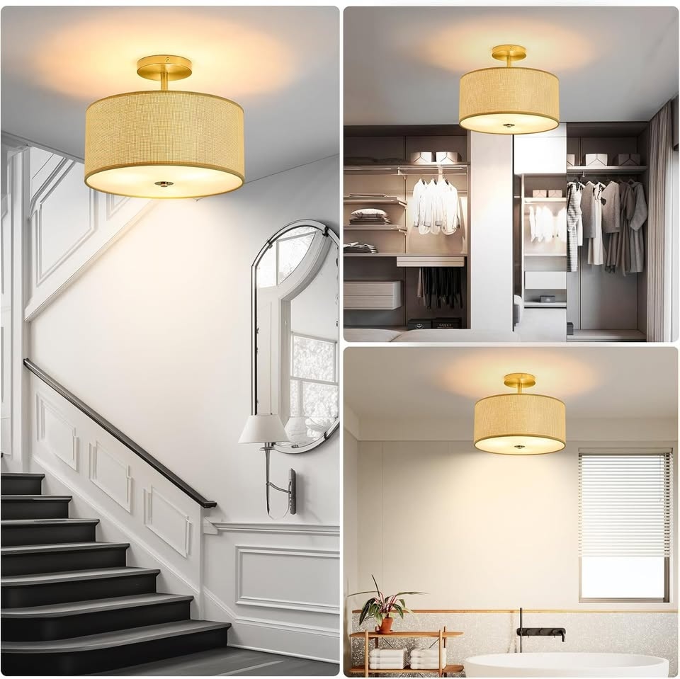 Fabric Semi Flush Mount Ceiling Light - 3-Light Drum Fixture - photo 4