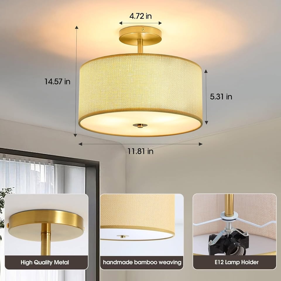 Fabric Semi Flush Mount Ceiling Light - 3-Light Drum Fixture - photo 5
