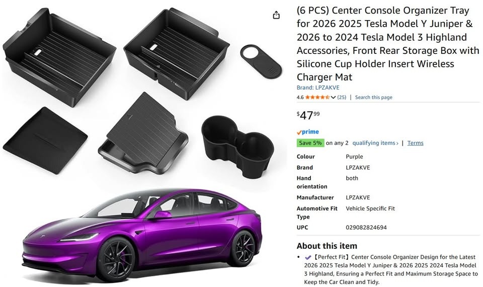 Tesla Model Y/3 Center Console Organizer Set (6-Piece) - photo 2