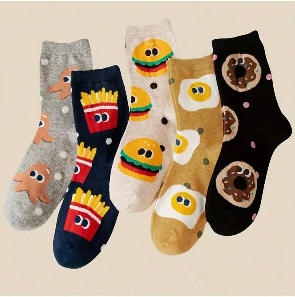 5 Pairs of Crew socks food cartoon fashion trendy