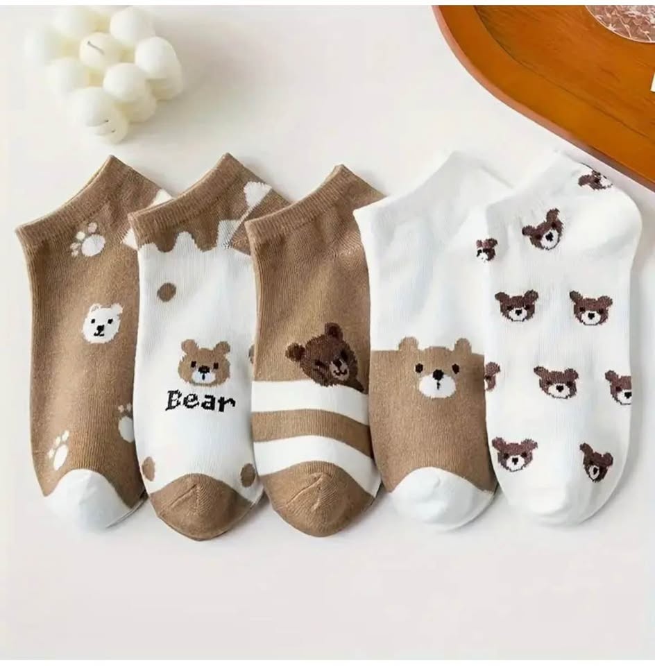 5 Pairs Cute Cartoon Bear Pattern Short Socks Cotton