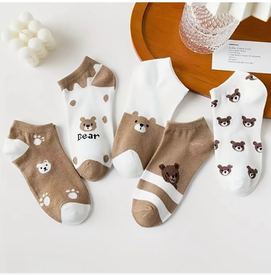 5 Pairs Cute Cartoon Bear Pattern Short Socks Cotton - photo 2