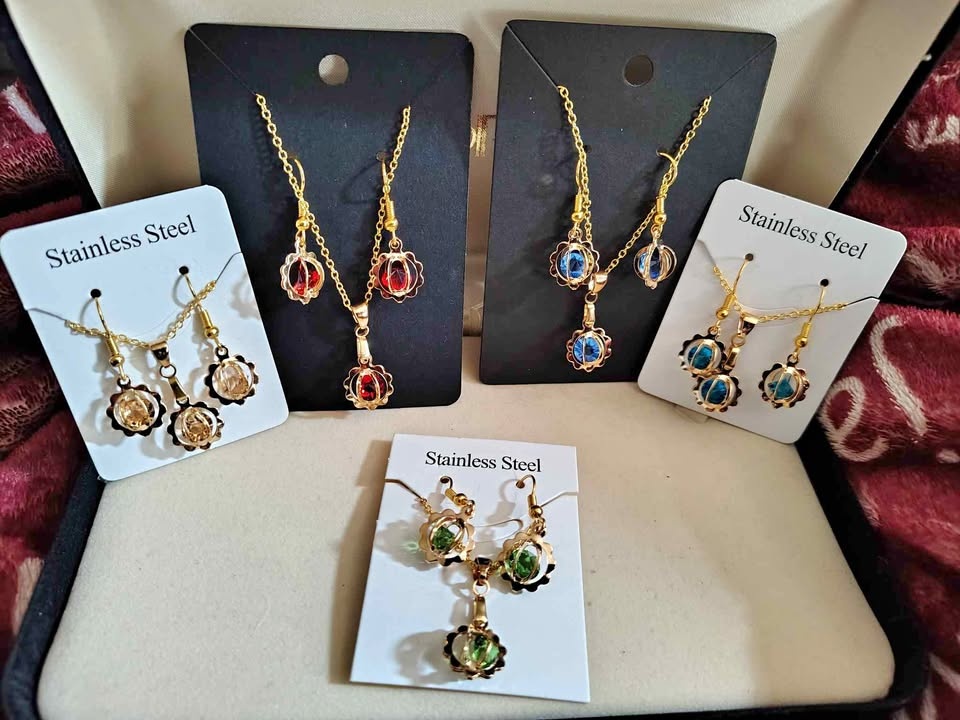 Handmade Stereo Flower Gold Tone Necklace & Earring Sets