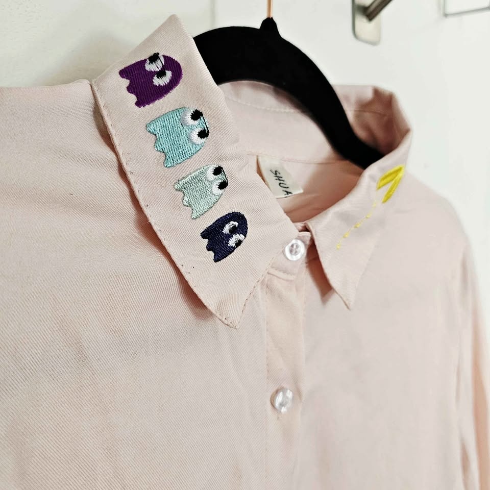 Pacman Embroidered Collar Womens Pastel Pink Arcade Kawaii Butto