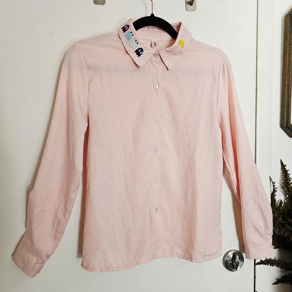 Pacman Embroidered Collar Womens Pastel Pink Arcade Kawaii Butto - photo 2