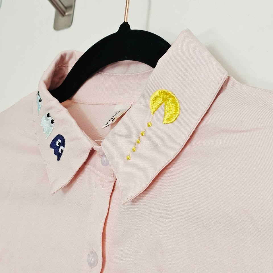 Pacman Embroidered Collar Womens Pastel Pink Arcade Kawaii Butto - photo 5